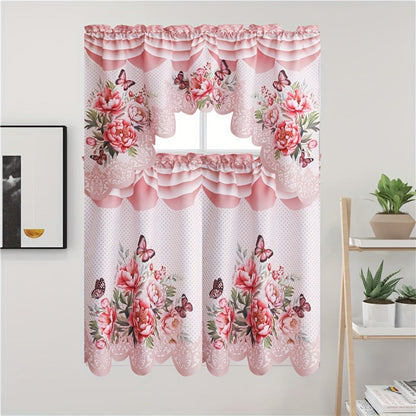 Three-Piece Butterfly Floral Window Curtain Set with Rod-Pocket Valance, Two Tiers and Four Colors
