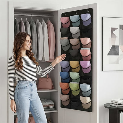 Over the Door Hat Organizer 24 Pocket - Baseball Cap Rack with Large Clear Pockets for Entryways, Bedrooms and Living Spaces