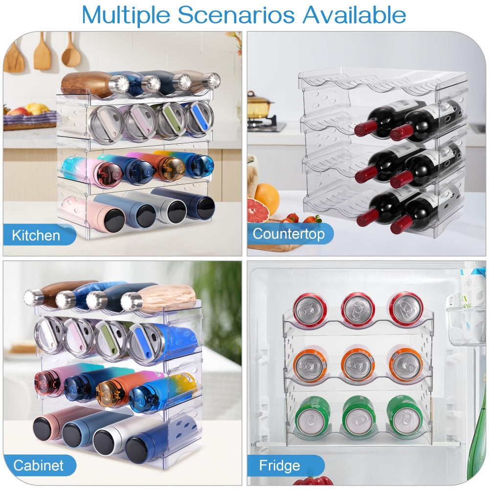 Water Bottle Rack Kitchen Organizer 4-Tier Clear Stackable Shelf with 16-Bottle Capacity for Kitchen and Home Organization