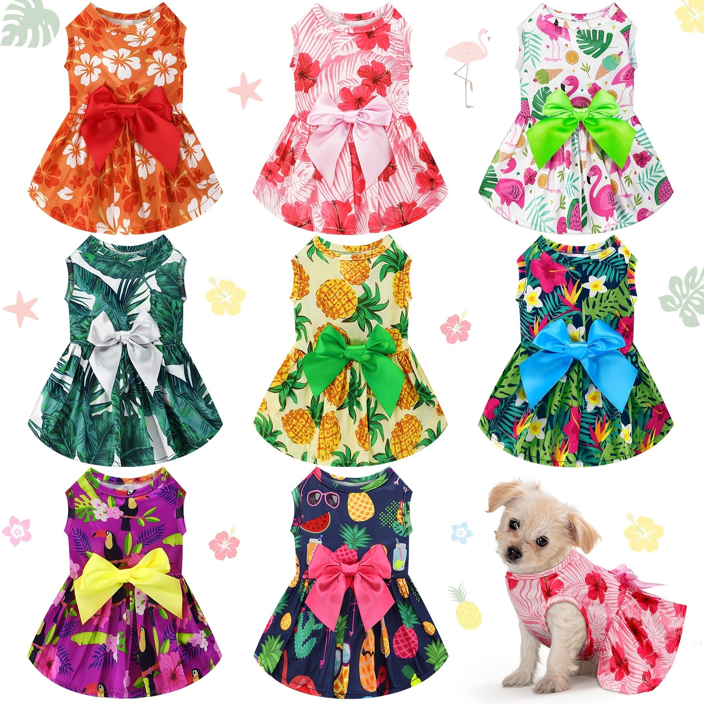 8pcs Summer Themed Hawaii Dog Dresses Holiday Flamingo Fruit Floral Pattern Pet Skirts Hawaii Puppy Princess Dresses Outfits Bowknot