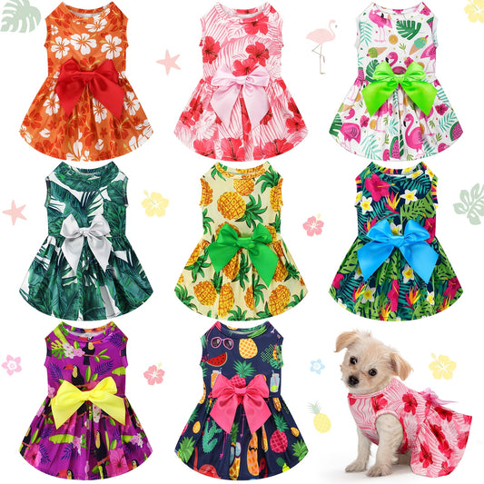 8pcs Summer Themed Hawaii Dog Dresses Holiday Flamingo Fruit Floral Pattern Pet Skirts Hawaii Puppy Princess Dresses Outfits Bowknot