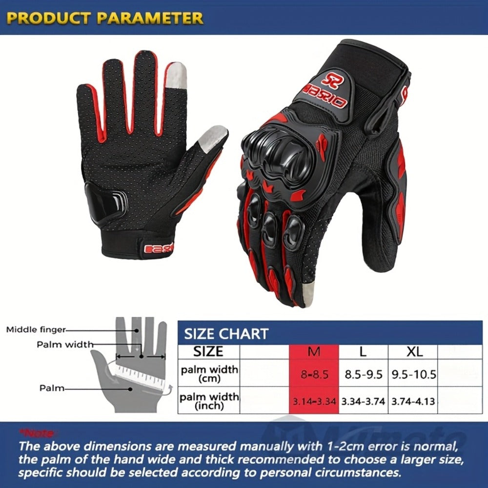 Full-Finger Motorcycle Gloves with Segmented Knuckle Shell, Wrist Tabs, Black or Red in M to XL