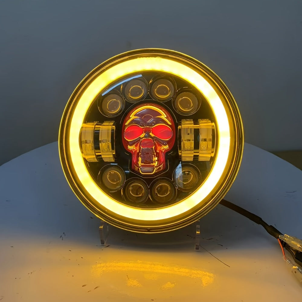 7 Inch Motorcycle LED Headlight Skull Ghost Design – Colorful Demon Eye Round Head Lamp, Custom Car Headlight Modification Front Light