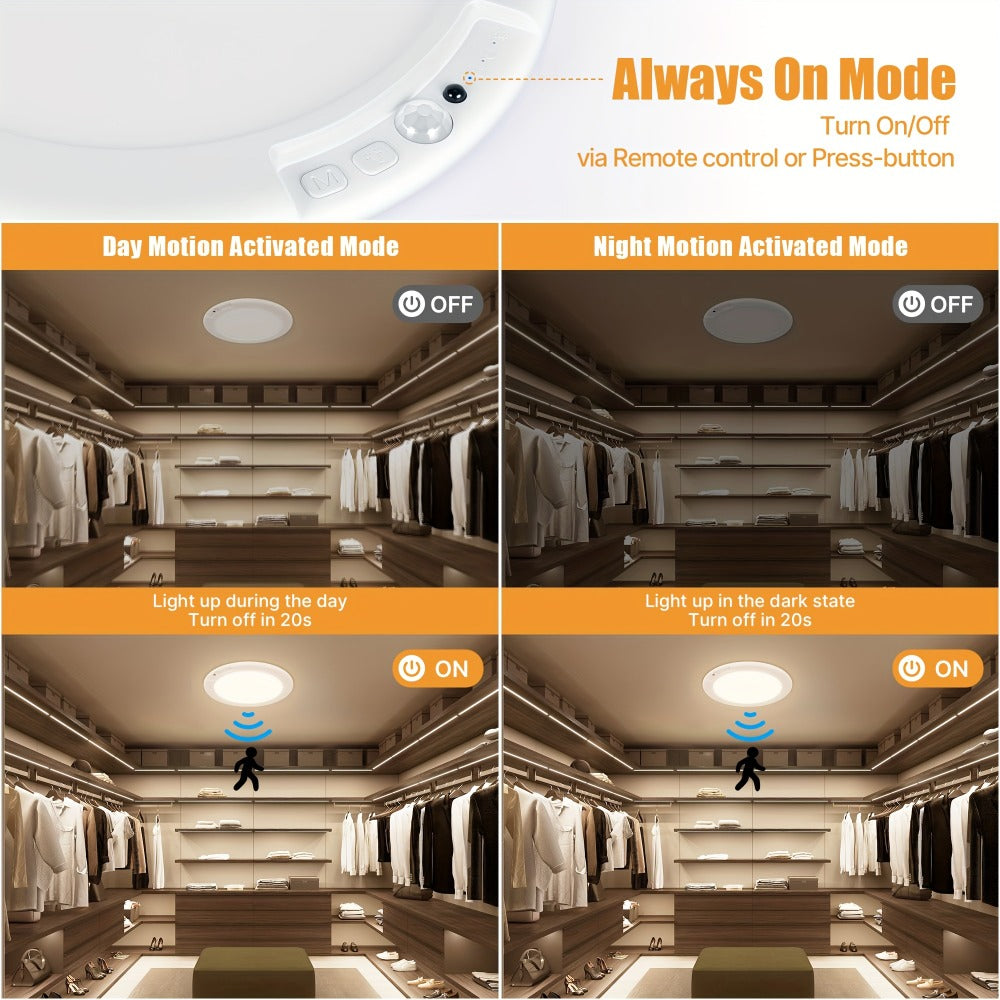 Rechargeable Ceiling Light No Wiring, Battery Operated LED Ceiling Light with Remote Control, Motion Sensor