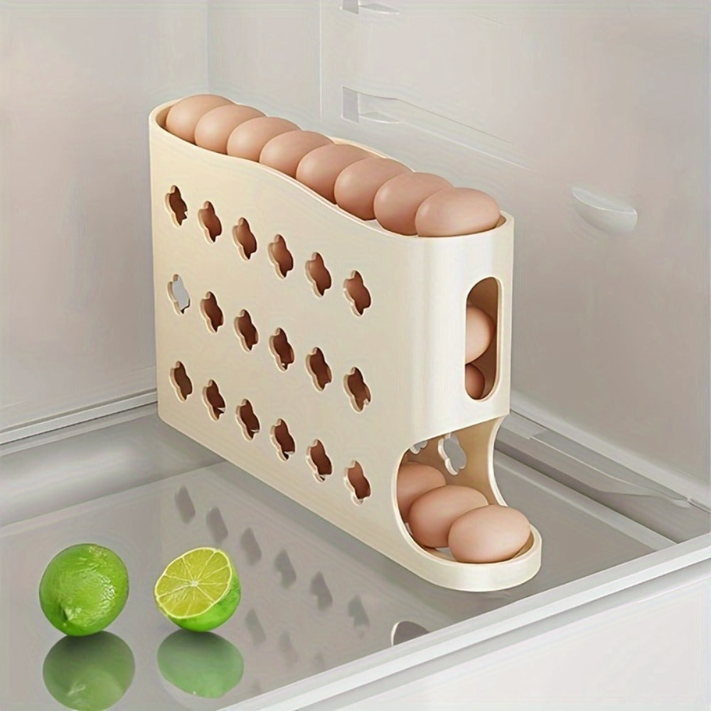 Egg Dispenser Kitchen Organizer 4-Tier Auto-Rolling PP Rack for Refrigerator, Cabinet or Countertop
