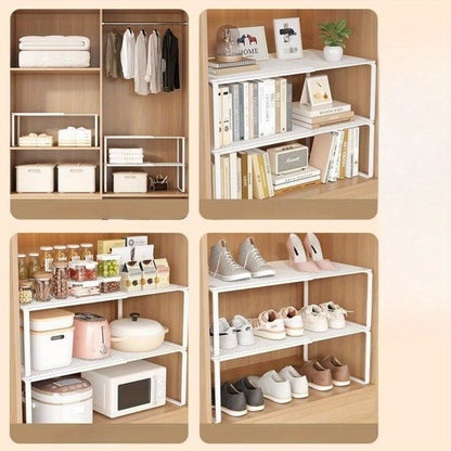 Expandable Cabinet Shelf Organizer, Metal Height-Adjustable Wardrobe Shelf Divider, Vertical Space-Saving Storage Rack for Kitchen