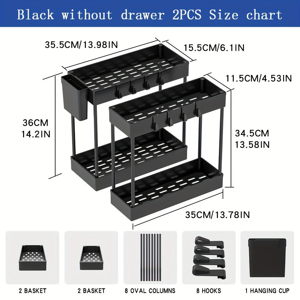 Under Sink Storage Organizer 2-Piece Double-Tier Sliding Basket with 8 Hooks in Four Color Styles