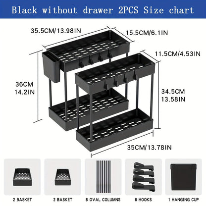 Under Sink Storage Organizer 2-Piece Double-Tier Sliding Basket with 8 Hooks in Four Color Styles