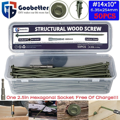 50pcs Heavy Duty Green Structural Wood Screws 14x10 Inch Carbon Steel Hex Head Partially Threaded Rust Resistant Exterior Timber Screws