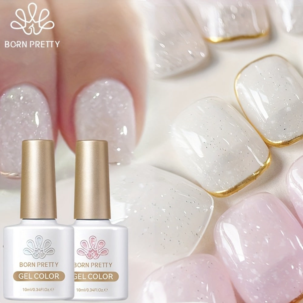 Gel Nail Polish BORN PRETTY 2-Piece Snow-Jelly Shimmer Set in Nude Pink and White Glitter with UV/LED Soak-Off Cure