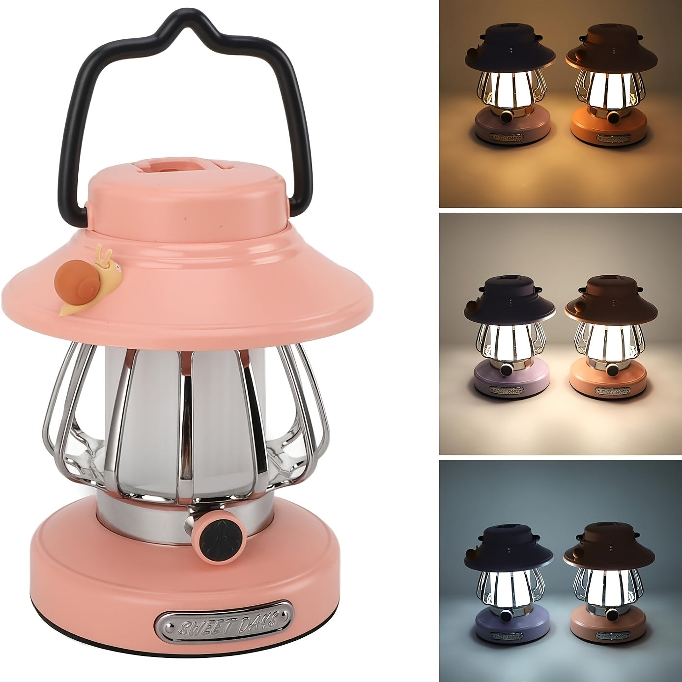 Camping Lantern Rechargeable LED, Snail Design Portable Camp Light with 3 Color Modes & Dimming, USB & Battery Dual Power