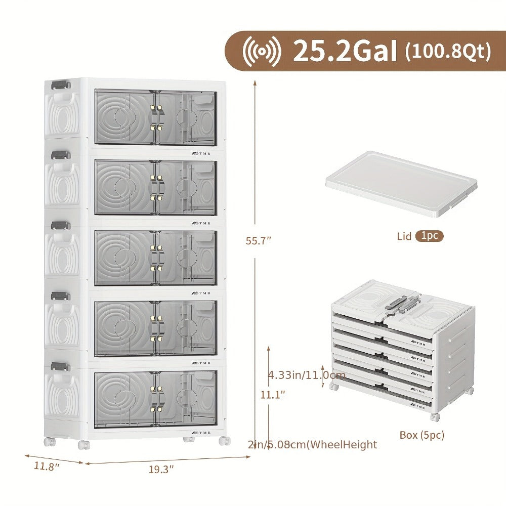 Collapsible Storage Bin with Lid, Foldable Storage Cabinet 2/3/4/5 Layer 48QT Plastic Organizer, Freestanding Storage Rack for Home