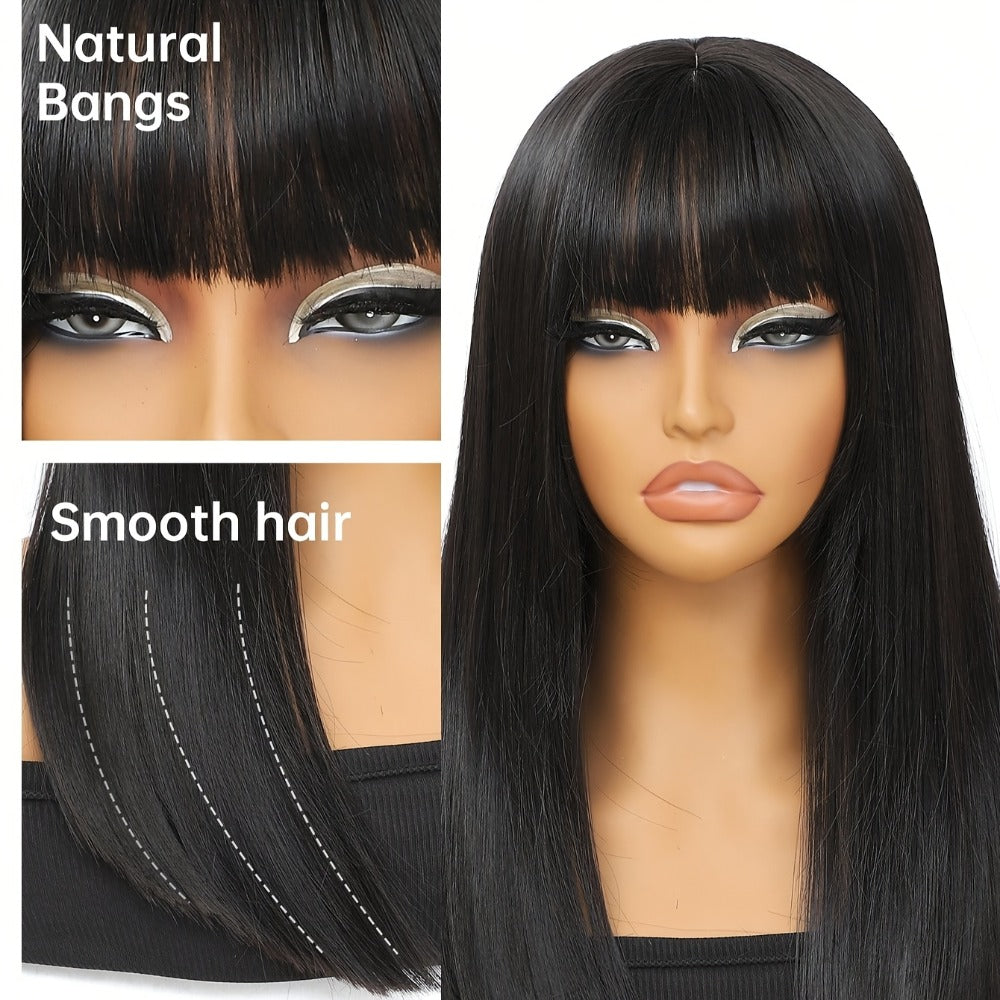 Synthetic Wig 16-Inch Black Straight Blunt Bob with Bangs, 180% Density and Rose Net Cap for Office Wear