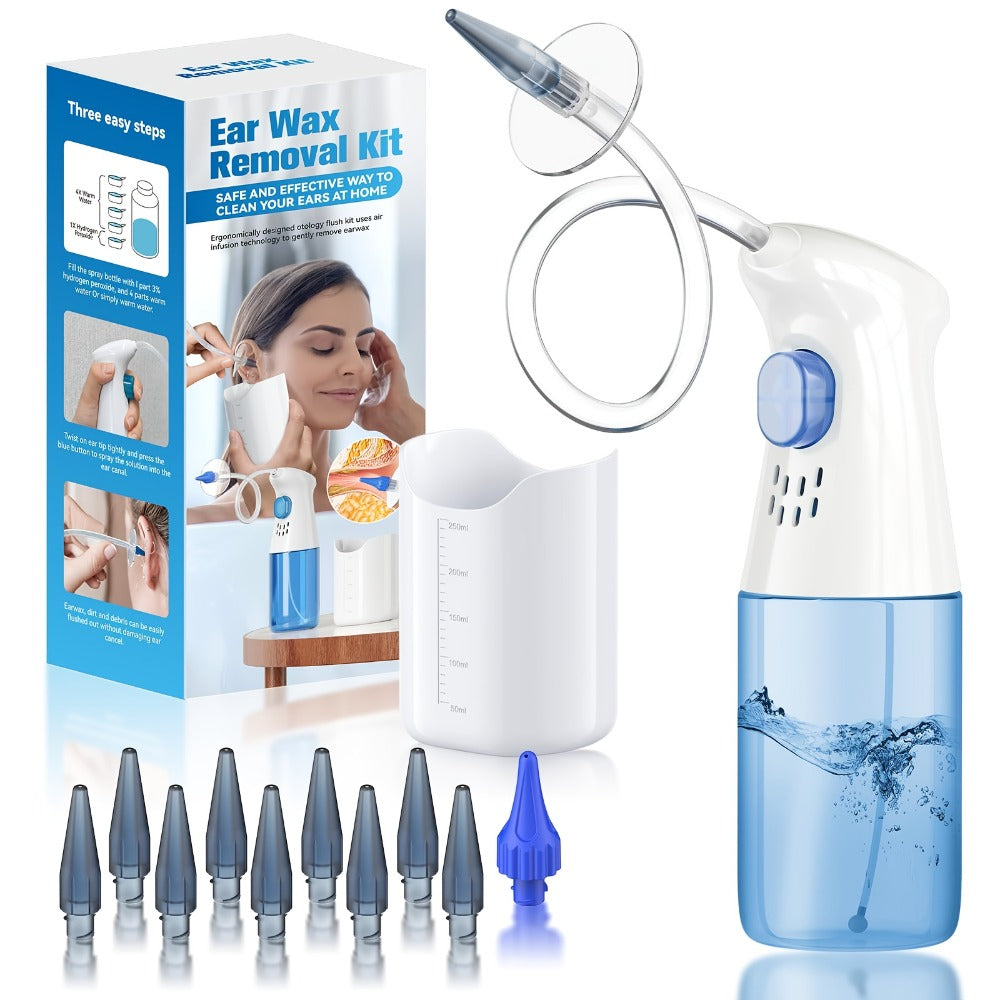 Blue Manual Ear Irrigation Kit with Squeeze Bottle, Separate Catch Cup and Multiple Pictured Tip Shapes