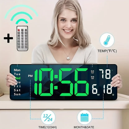 Large Digital Wall Clock 16 Inch LED Color Display, Smart Auto-Dimming 10-Level Brightness, Time Temperature Humidity Monitor