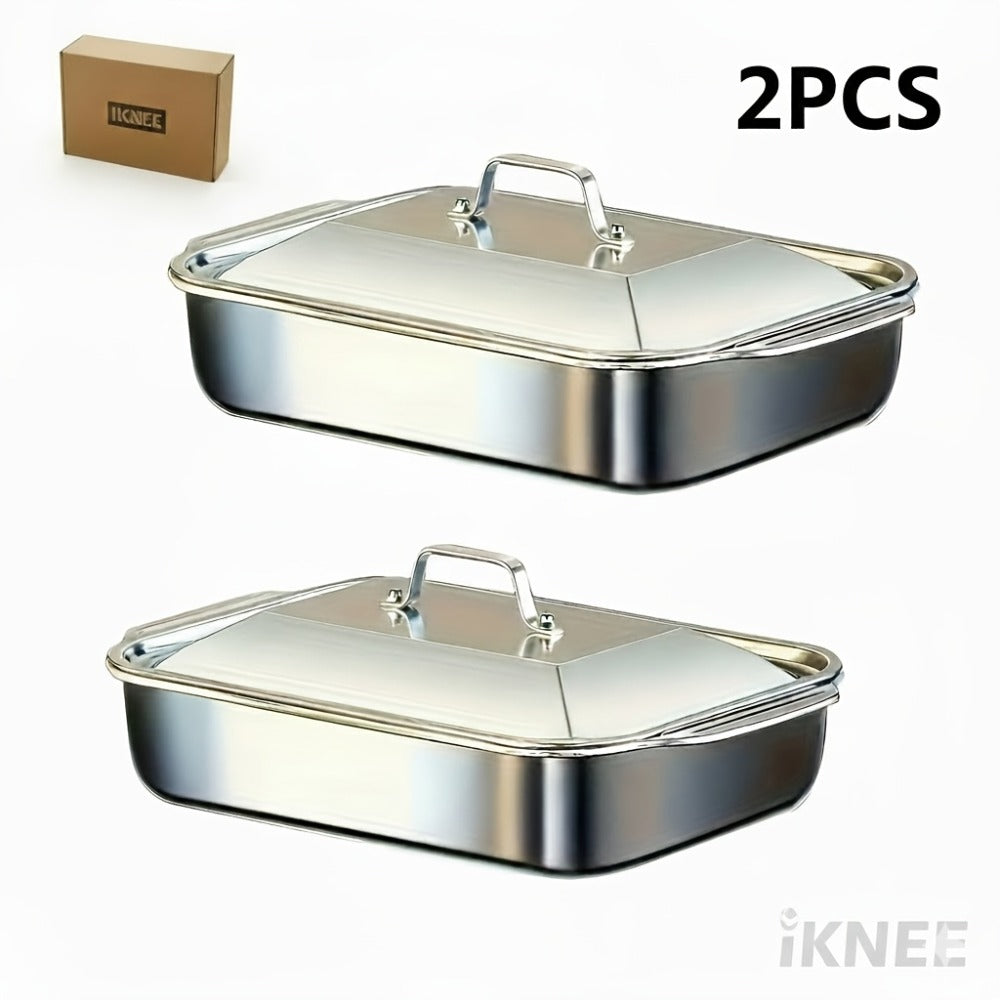 Stainless Steel Baking Pan Set 4-Piece, 2 Deep Roasting Pans & 2 Lidded Pans with Handles for Entryways, Bedrooms and Living Spaces