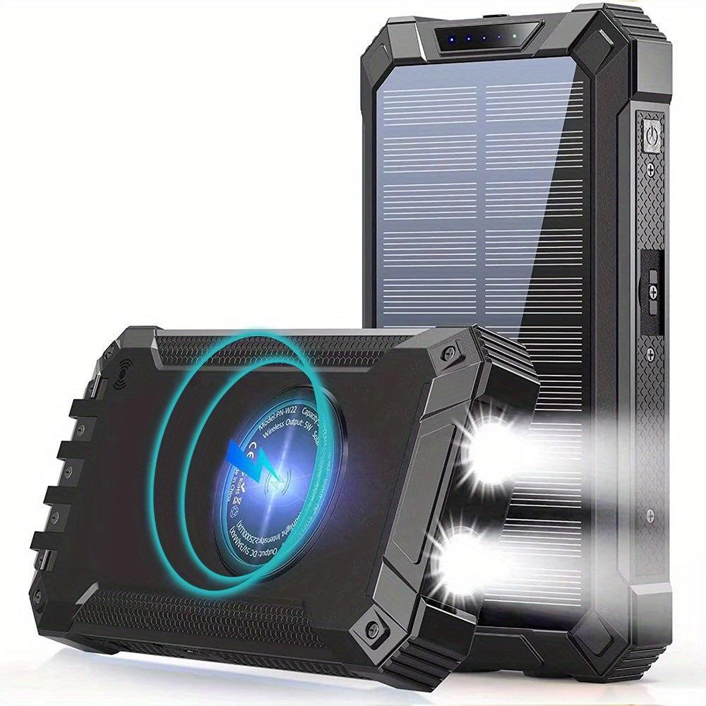 Solar Power Bank 40000mAh with Built-in 4 Cables & 15W Wireless Charging – 6 Outputs 3 Inputs Dual LED Flashlight Portable Charger