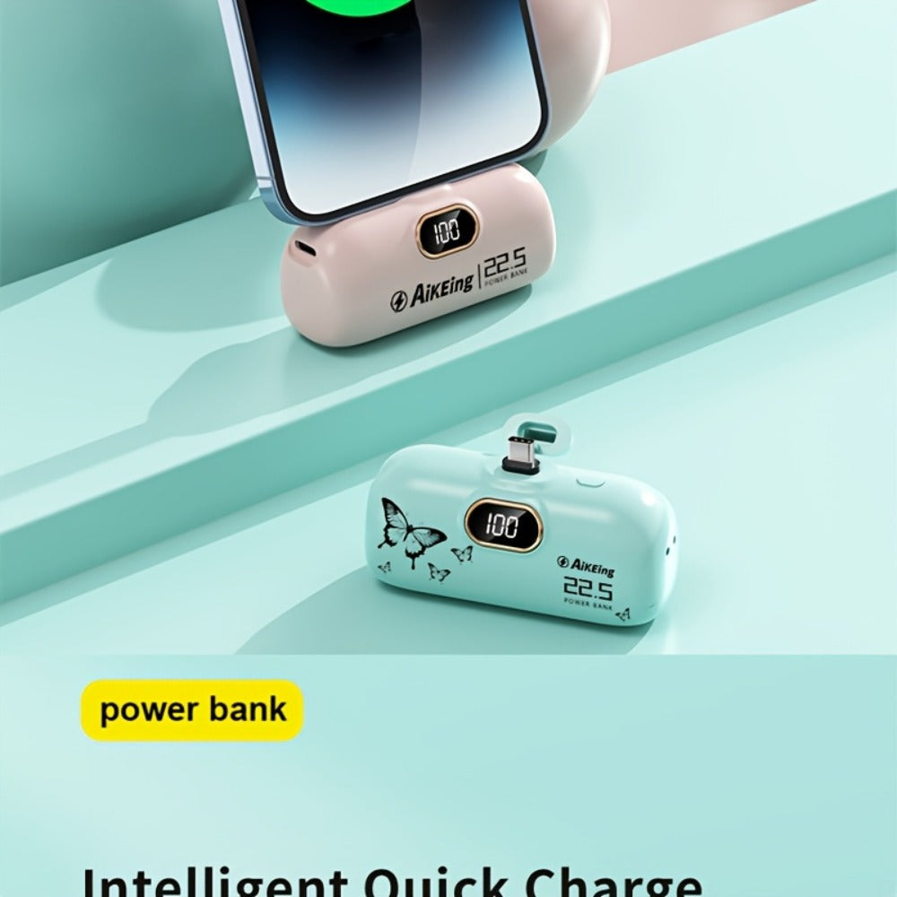Mini Power Bank 5000mAh with Built-in USB-C Connector Fast Charging, Ultra-Compact Pocket Portable Charger for iPhone Android Samsung