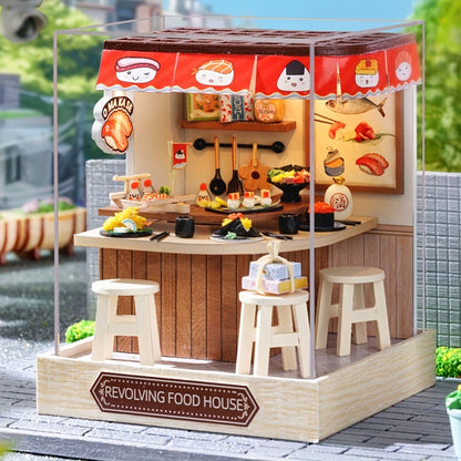 DIY Wooden Tiny House Kit with Dust Cover, Handmade Miniature Dollhouse Puzzle, 3 Themes Afternoon Tea Rotating Food House Moon Magic