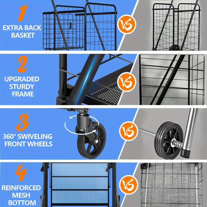 Folding Grocery Cart on Wheels, Double Basket Shopping Cart for Groceries Laundry Foldable Utility Cart