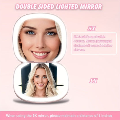 LED Makeup Mirror with 5X Magnification & 3 Color Lights – Dual Sided 1X 5X Lighted Vanity Mirror, Portable Compact Travel Mirror for Women