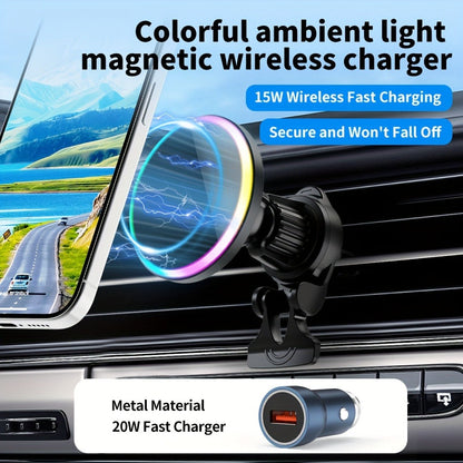 Wireless Car Charger with USB-C Adapter Included 15W Magnetic Vent Dashboard Phone Mount for iPhone 17 16 15 14 13 12 Pro Max