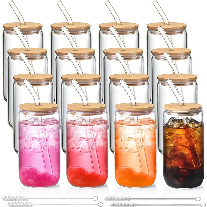 Glass Coffee Cup Drinkware Set, 16oz Clear Cups with Bamboo Lids, Glass Straws and Brushes in 4 to 16 Pieces