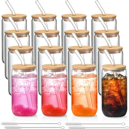 Glass Coffee Cup Drinkware Set, 16oz Clear Cups with Bamboo Lids, Glass Straws and Brushes in 4 to 16 Pieces