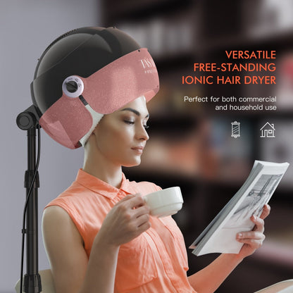 Hooded Hair Dryer 1875W Ionic Standing Bonnet Dryer on Wheels, 3 Heat Settings, Height Adjustable 30-55"