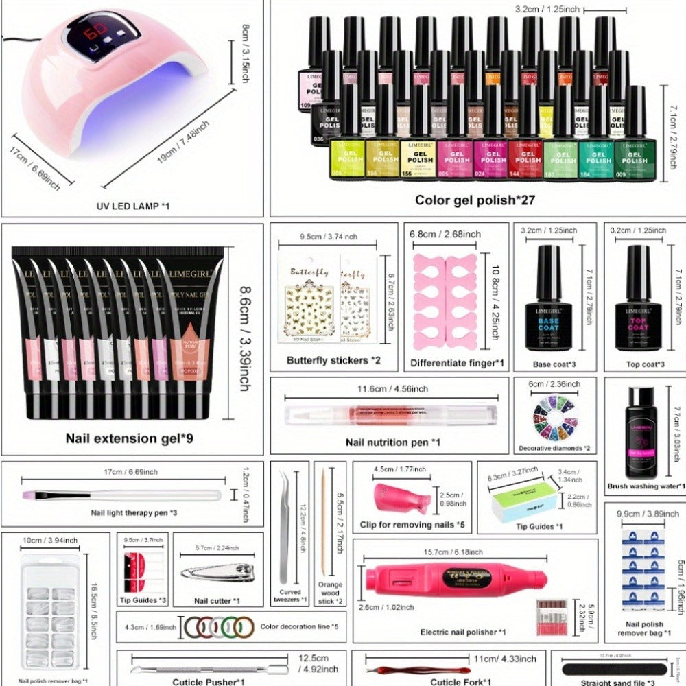 36-Color Polygel Nail Extension Kit with LED UV Lamp, Complete Poly Gel Starter Set with Dual Forms, Slip