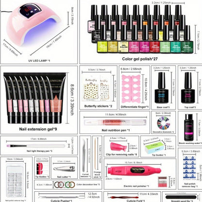 36-Color Polygel Nail Extension Kit with LED UV Lamp, Complete Poly Gel Starter Set with Dual Forms, Slip