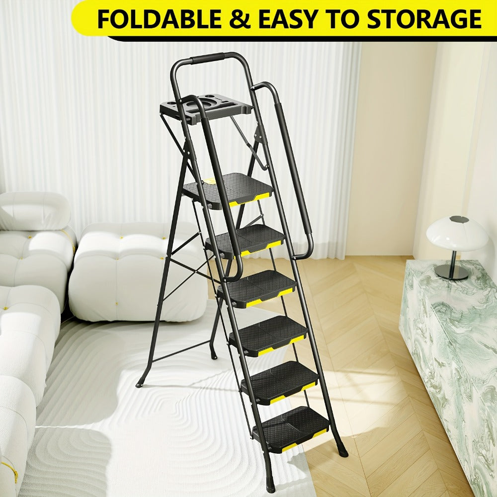 6 Step Ladder with Handrails & Tool Platform, Folding Step Stool Wide Pedal Steel Safety Ladder for Adults