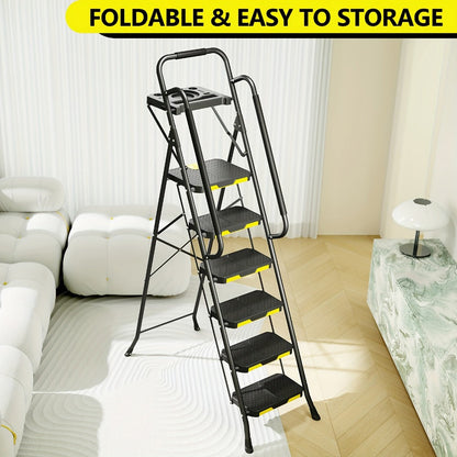 6 Step Ladder with Handrails & Tool Platform, Folding Step Stool Wide Pedal Steel Safety Ladder for Adults