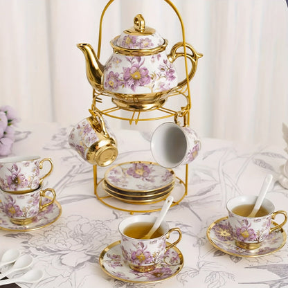 Floral Ceramic Tea Set 20 Pcs – European Porcelain Tea Cups & Saucers with Metal Holder & 15 Oz Teapot – Luxury Arabic Coffee Cup Set