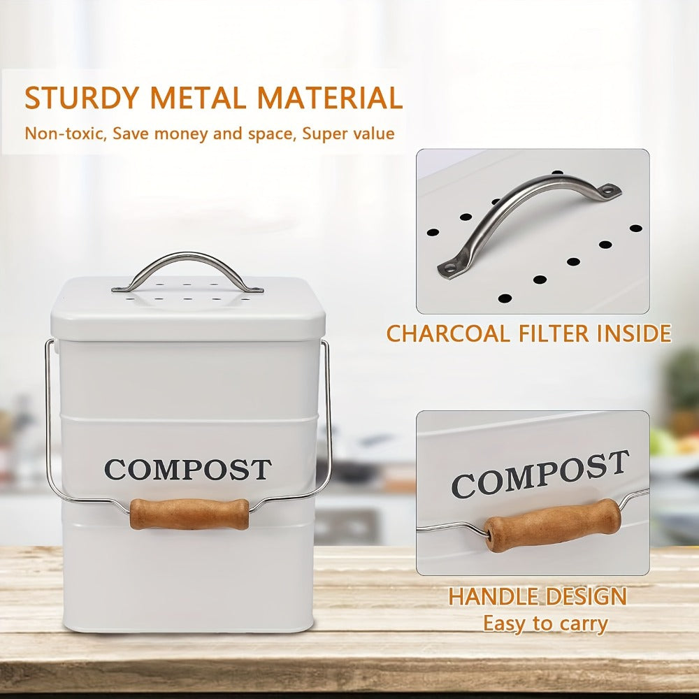 Kitchen Compost Bin 1 Gallon with Charcoal Filter & Wooden Handle, Odor-Free Indoor Countertop Food Waste Bin