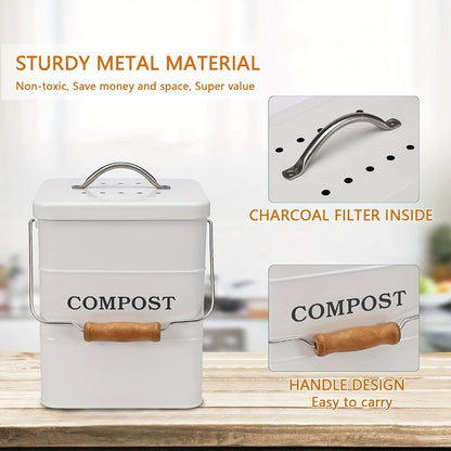 Kitchen Compost Bin 1 Gallon with Charcoal Filter & Wooden Handle, Odor-Free Indoor Countertop Food Waste Bin