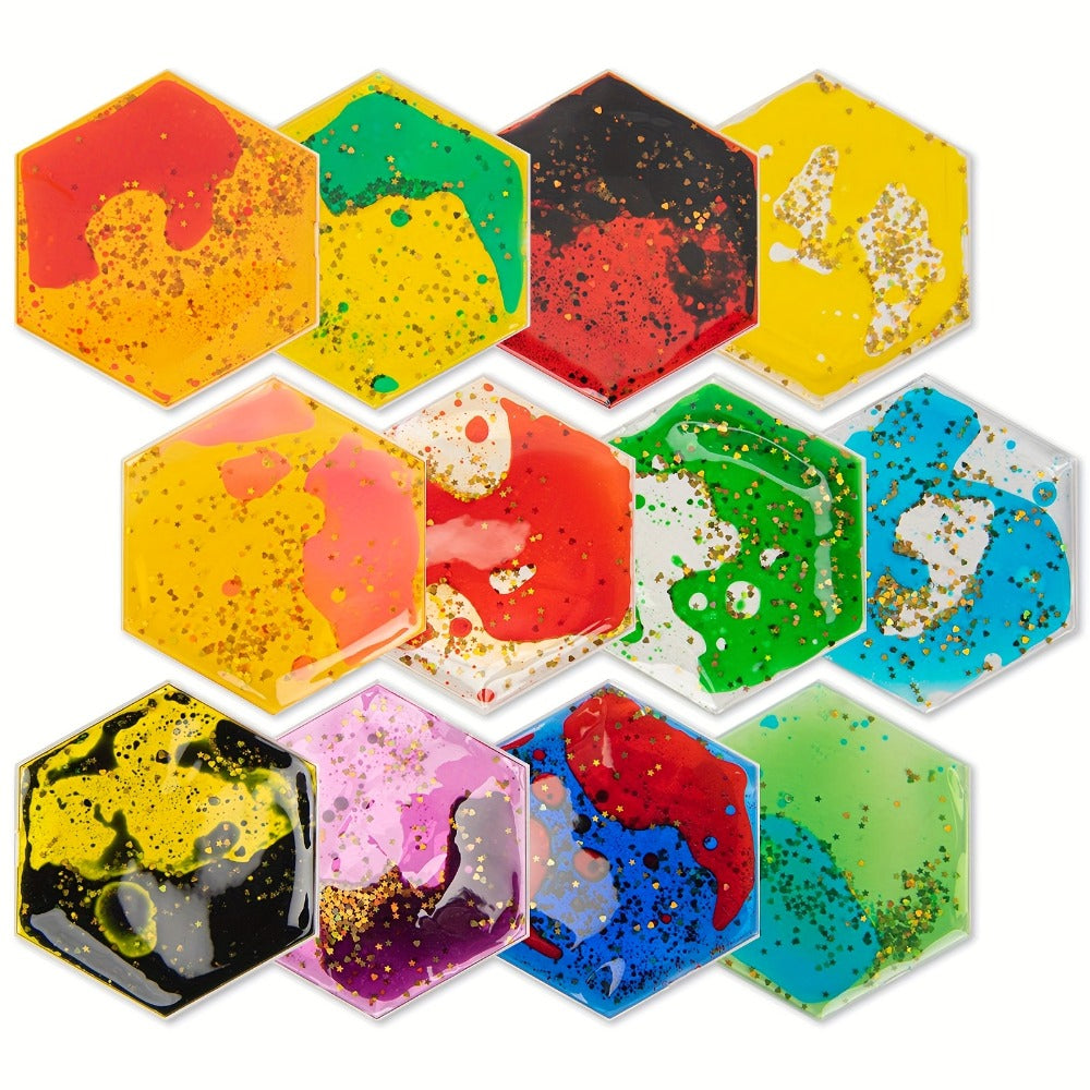 12-Piece Liquid-Filled Flexible Tile Set in Square or Hexagon Shapes for Wall or Floor Display