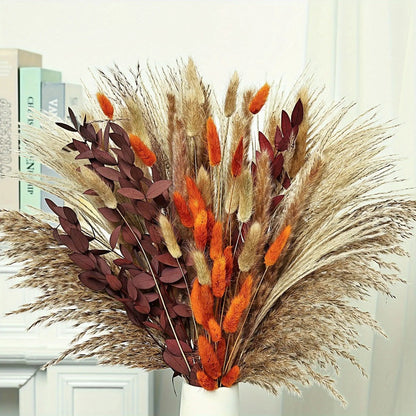 Artificial Pampas-Style Bouquet, 72-Piece 17-Inch Autumn Mix with Feathery, Reed and Leaf Stems