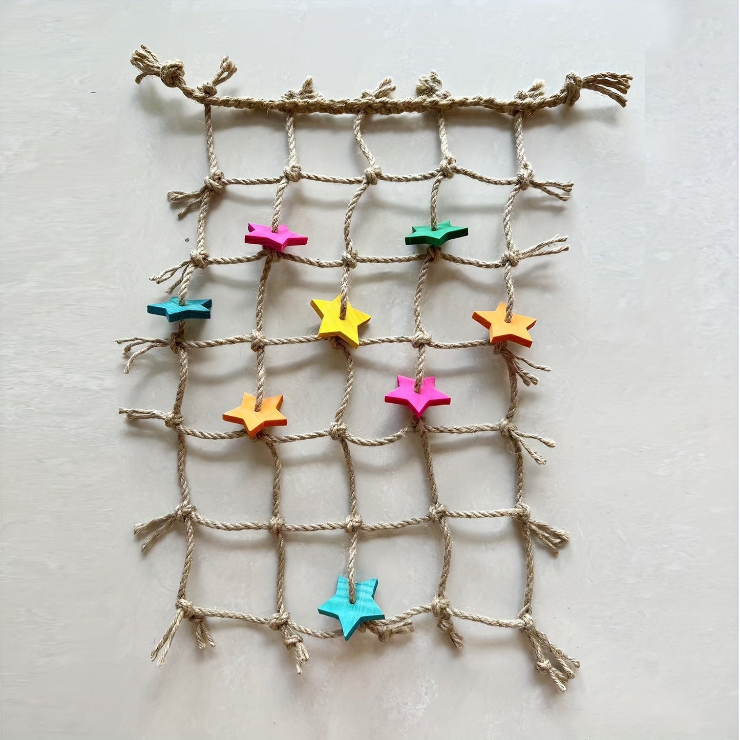Hemp Rope Bird Climbing Net with Colorful Star Foot Shapes and Hanging Loops for Parakeet and Parrot Cages