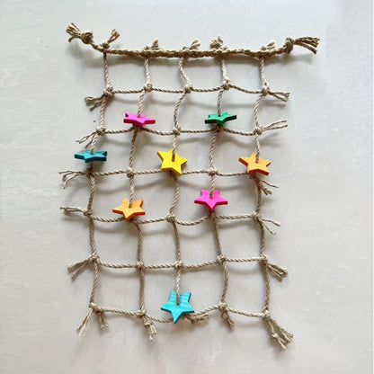 Hemp Rope Bird Climbing Net with Colorful Star Foot Shapes and Hanging Loops for Parakeet and Parrot Cages