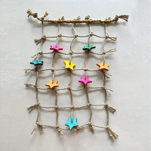 Hemp Rope Bird Climbing Net with Colorful Star Foot Shapes and Hanging Loops for Parakeet and Parrot Cages