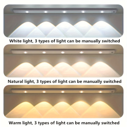LED Sensor Strip Light USB Rechargeable – 3-Color Dimmable Motion Sensing Wireless Night Light for Kitchen, Wardrobe, Cabinet