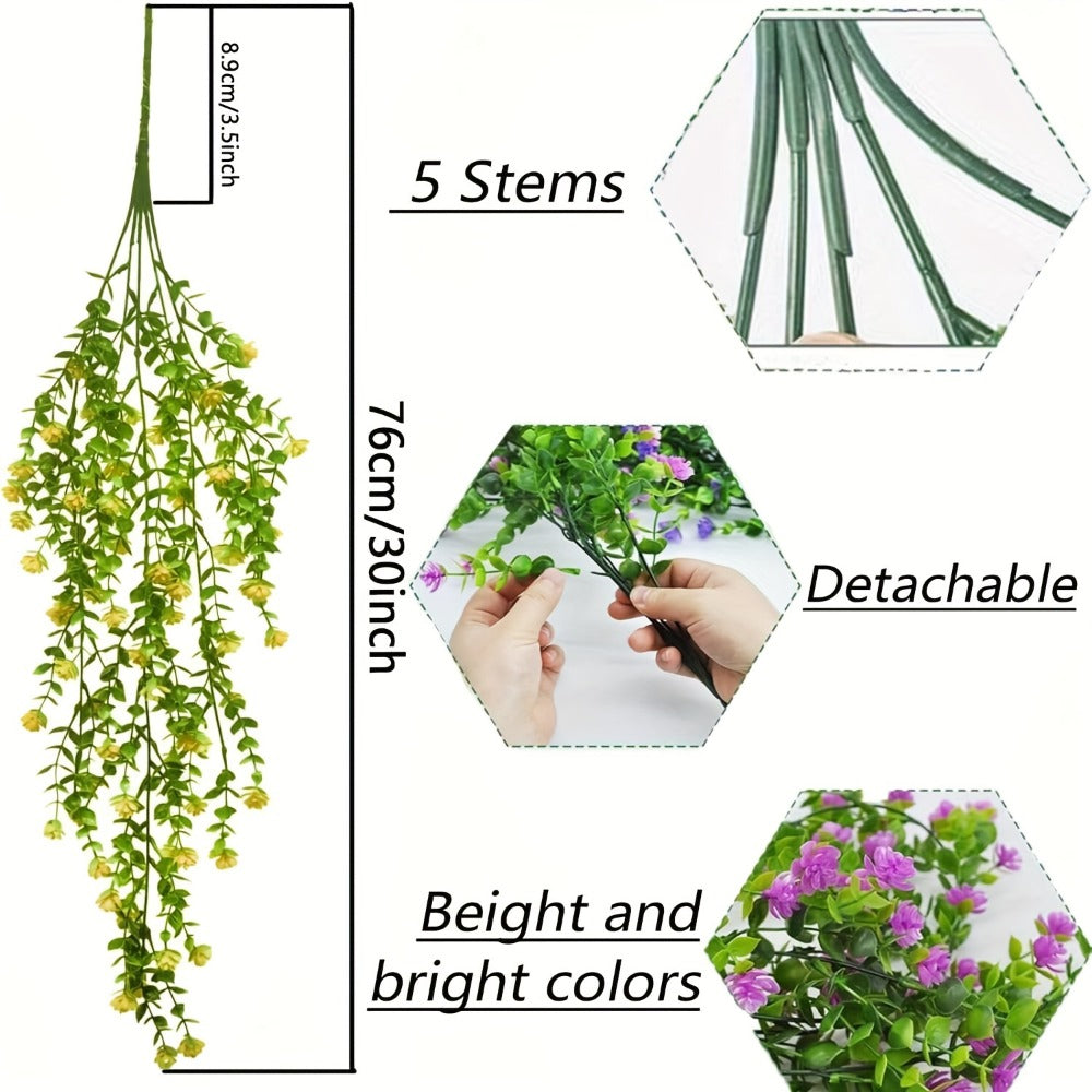 Hanging Artificial Flower Vines, 10-Bunch 30-Inch Set with White or Purple Flowers and Green Leaves