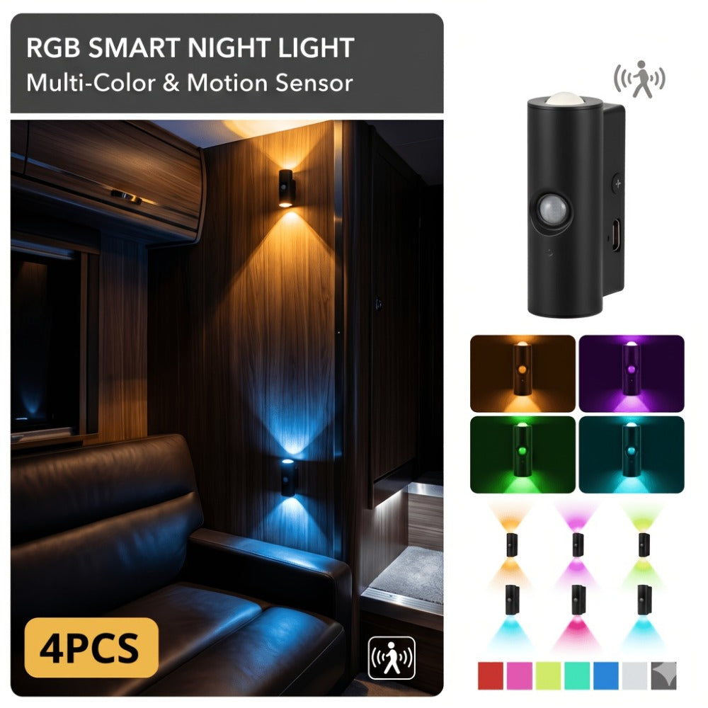 Motion Sensor Wall Lights 4-Pack – Rechargeable Magnetic Dual-Head LED Night Light, RGB & Tri-Color, Wireless for RV, Bedroom, Stairs