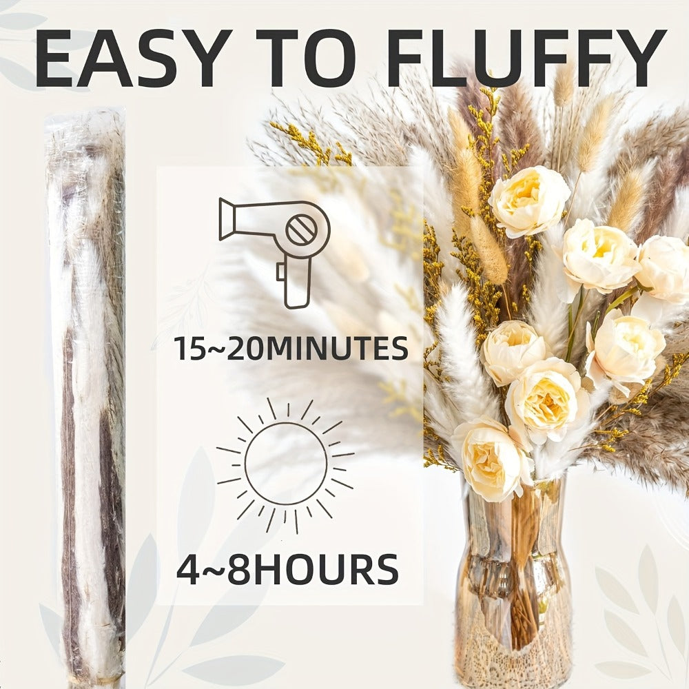 Dried Flower Bouquet Pampas Grass with Artificial White Beige Roses 51 91pcs Boho Dried for Entryways, Bedrooms and Living Spaces