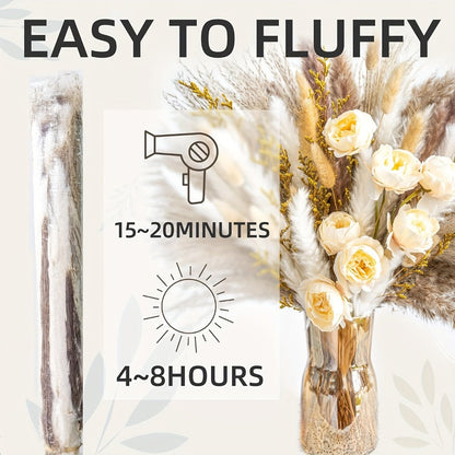 Dried Flower Bouquet Pampas Grass with Artificial White Beige Roses 51 91pcs Boho Dried for Entryways, Bedrooms and Living Spaces