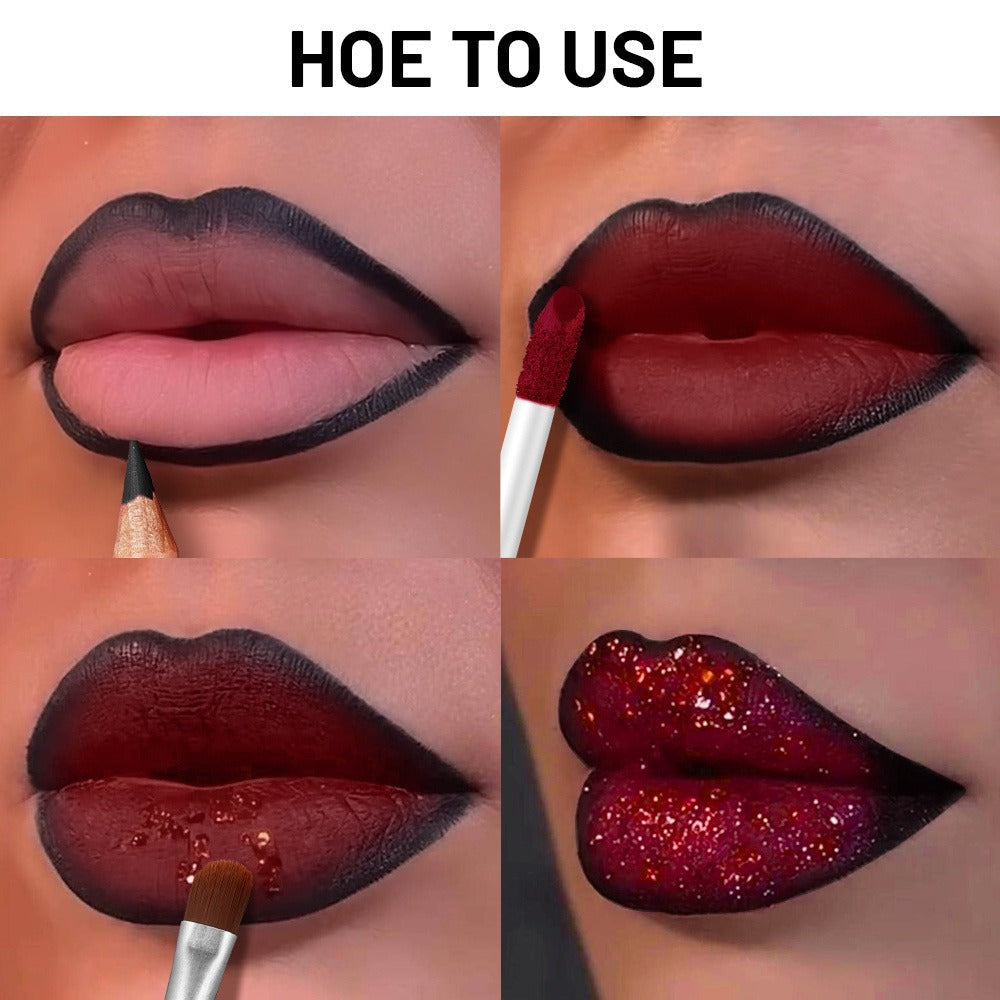 Four-Piece Glitter Lip Art Set with Loose Glitter Pot, Color Tube, Liner Pencil and Applicator Brush