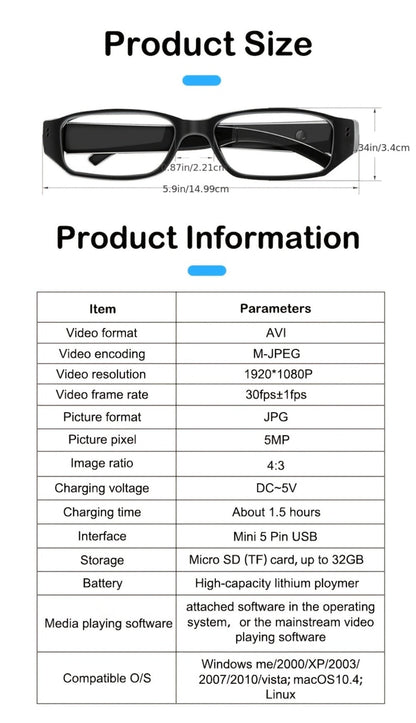 1080P HD Camera Glasses with Motion Detection – Video Recorder Camcorder Eyeglasses for Sports, Driving, Fishing & Outdoor Activities | Eye