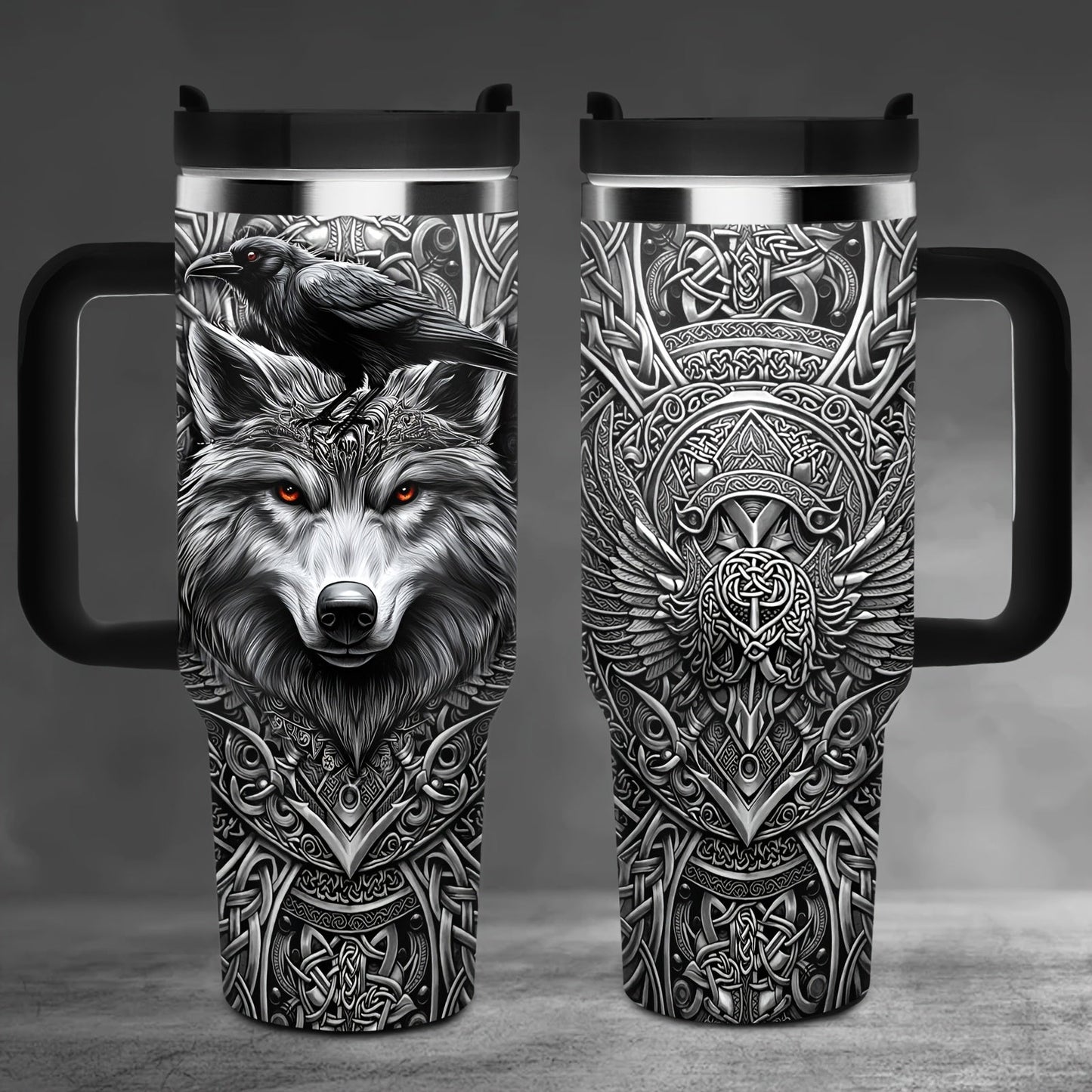 40oz Wolf-and-Raven Graphic Handled Tumbler with Black Lid, Straw and 10 x 26.8 cm Pictured Size
