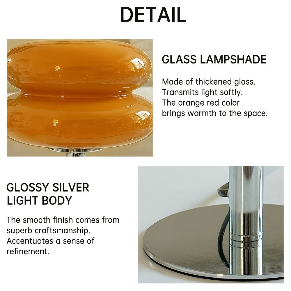 Table Lamp with Orange Three-Tier Glass Mushroom Shade, Metal Stand and Dimmable Bedside Format